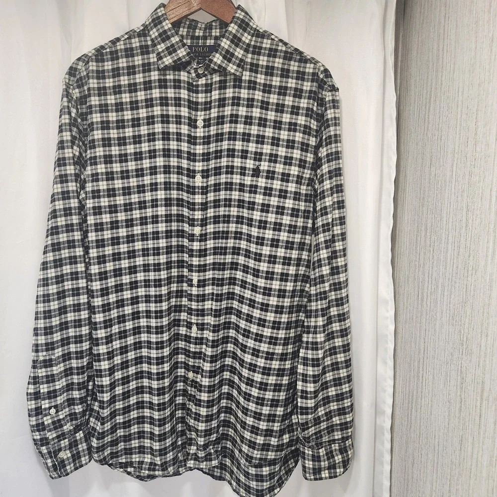 Polo Ralph Lauren‎ Dress Shirt Men's XL  Black White Slim Fit Pony Long Sleeve